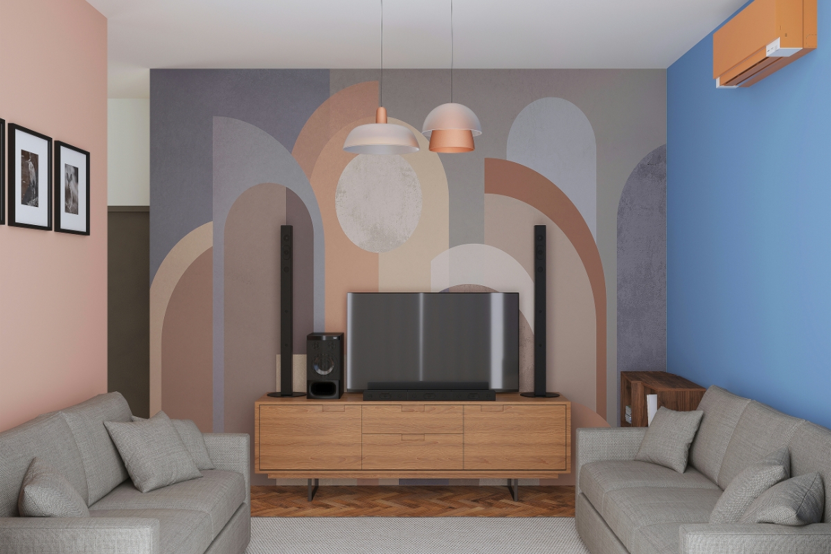 Balanced gallery wall with family photos and keepsakes in a modern living room