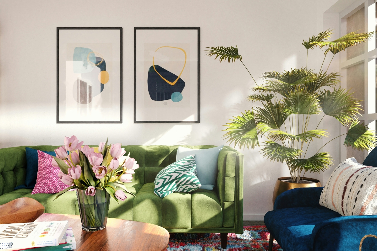 Tropical Modern living room with subtle palm-print cushionsLayered tropical patterns on pillows and throws for summer home
