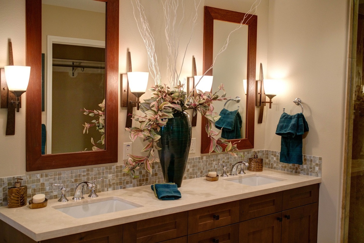 Japandi bathroom with layered lighting and warm LED glow