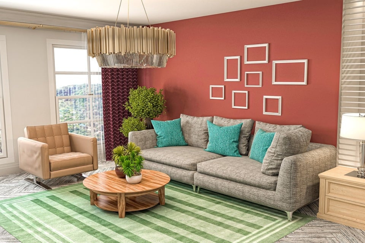 tall indoor plants used as natural divider separating living room seating area from dining space