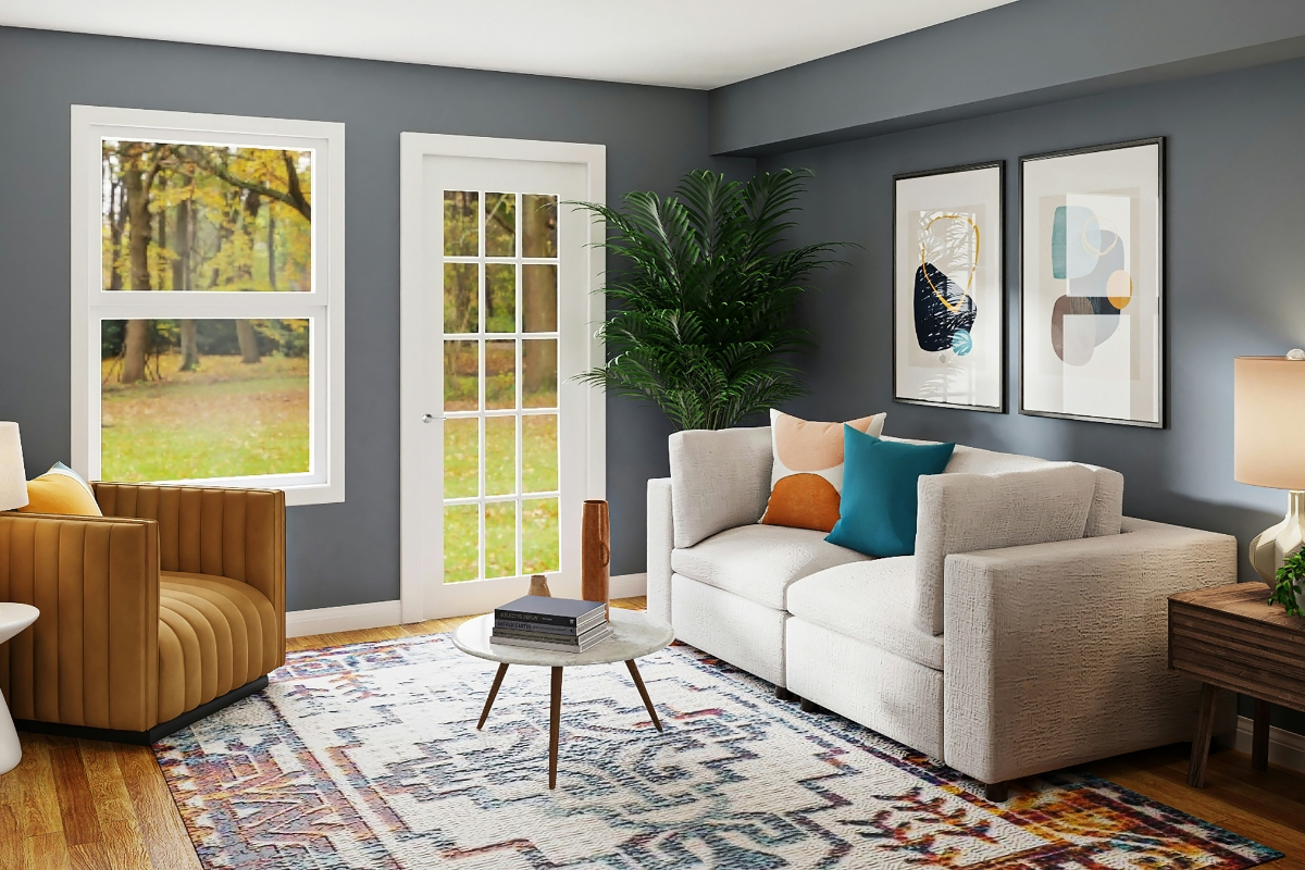 Living room featuring soft pastel cushions, neutral walls, and subtle uplifting accents creating a fresh, bright, and spring-inspired home atmosphere.
