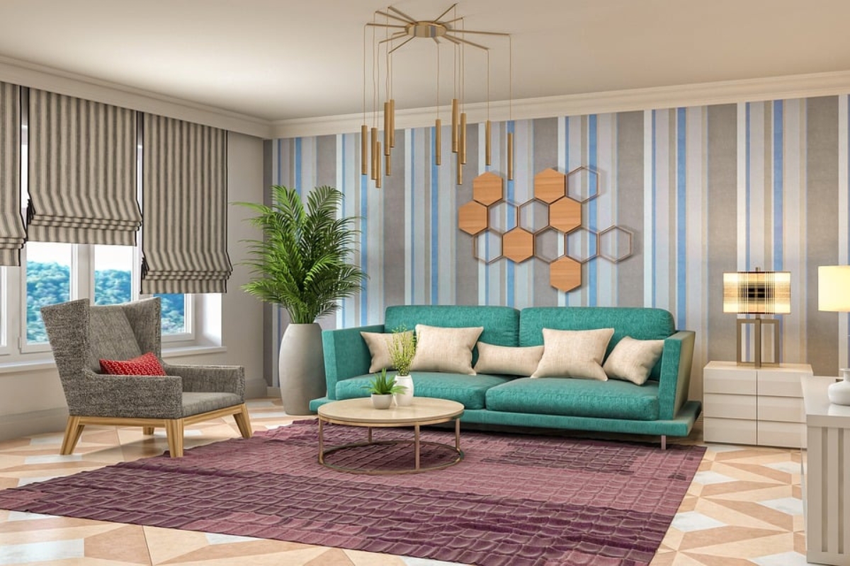 area rug used to define seating zone in open plan living room, visually separating spaces without walls