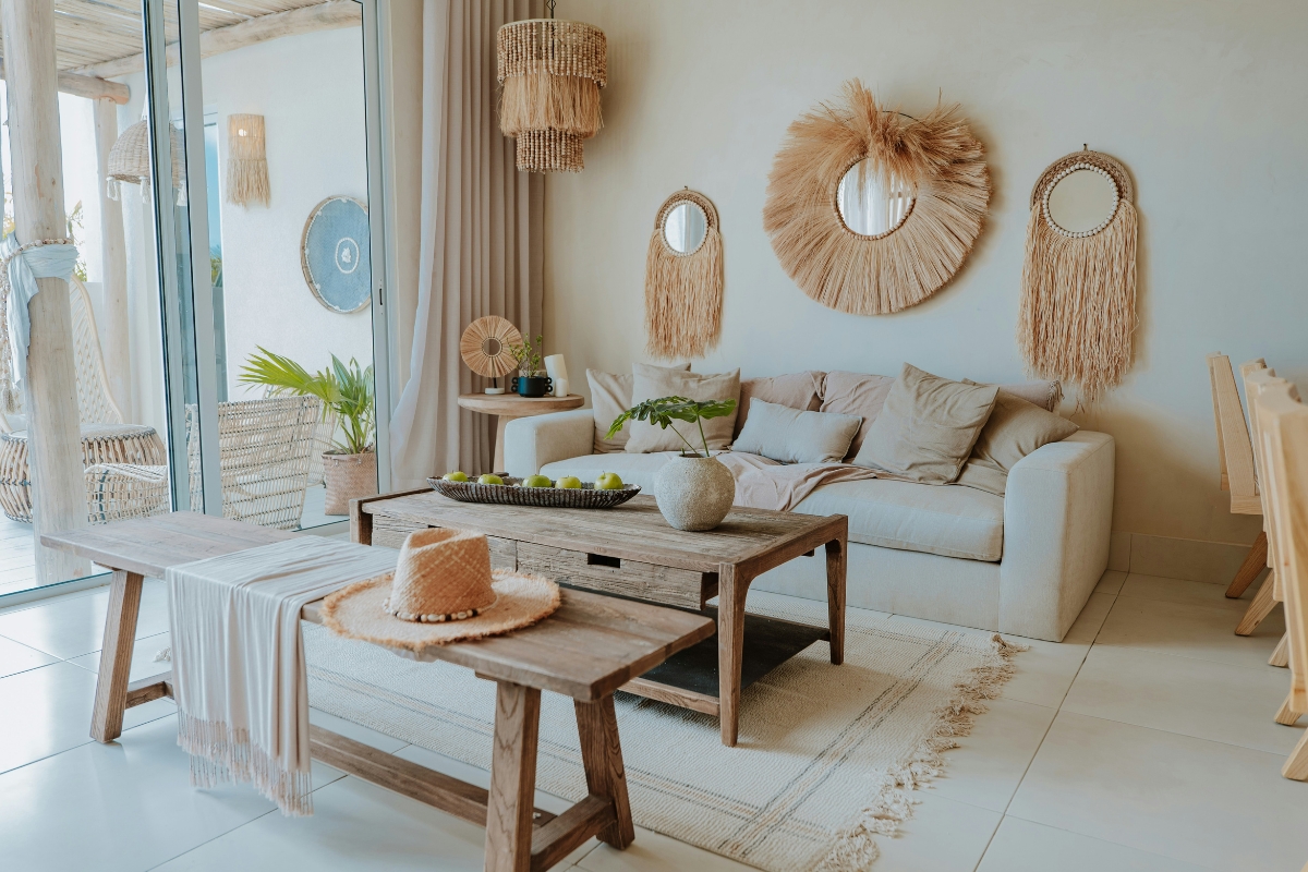 Tropical Modern living room with rattan chairs and bamboo coffee table