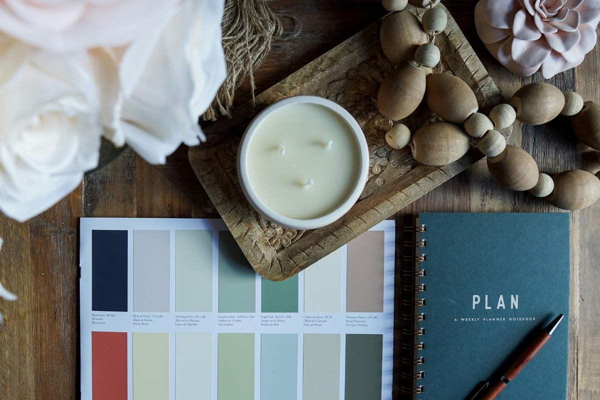 Living room with calm color palette featuring soft neutrals and muted tones
