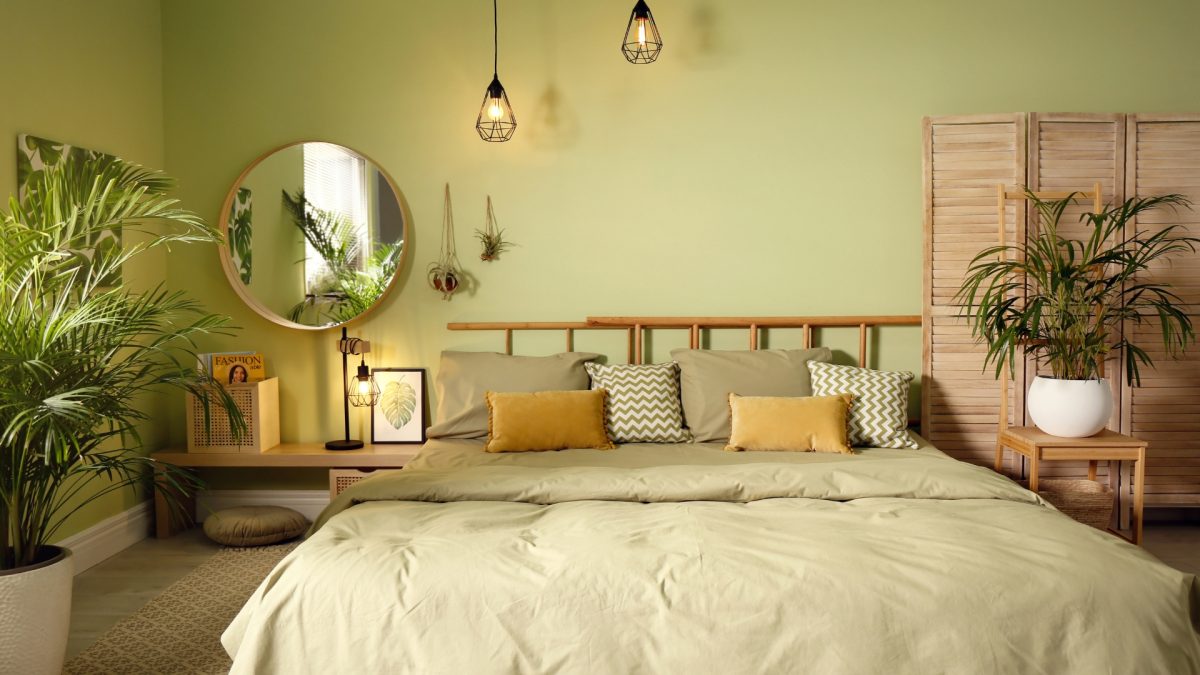Sustainable bedroom decor with eco-friendly materials and natural wood furniture