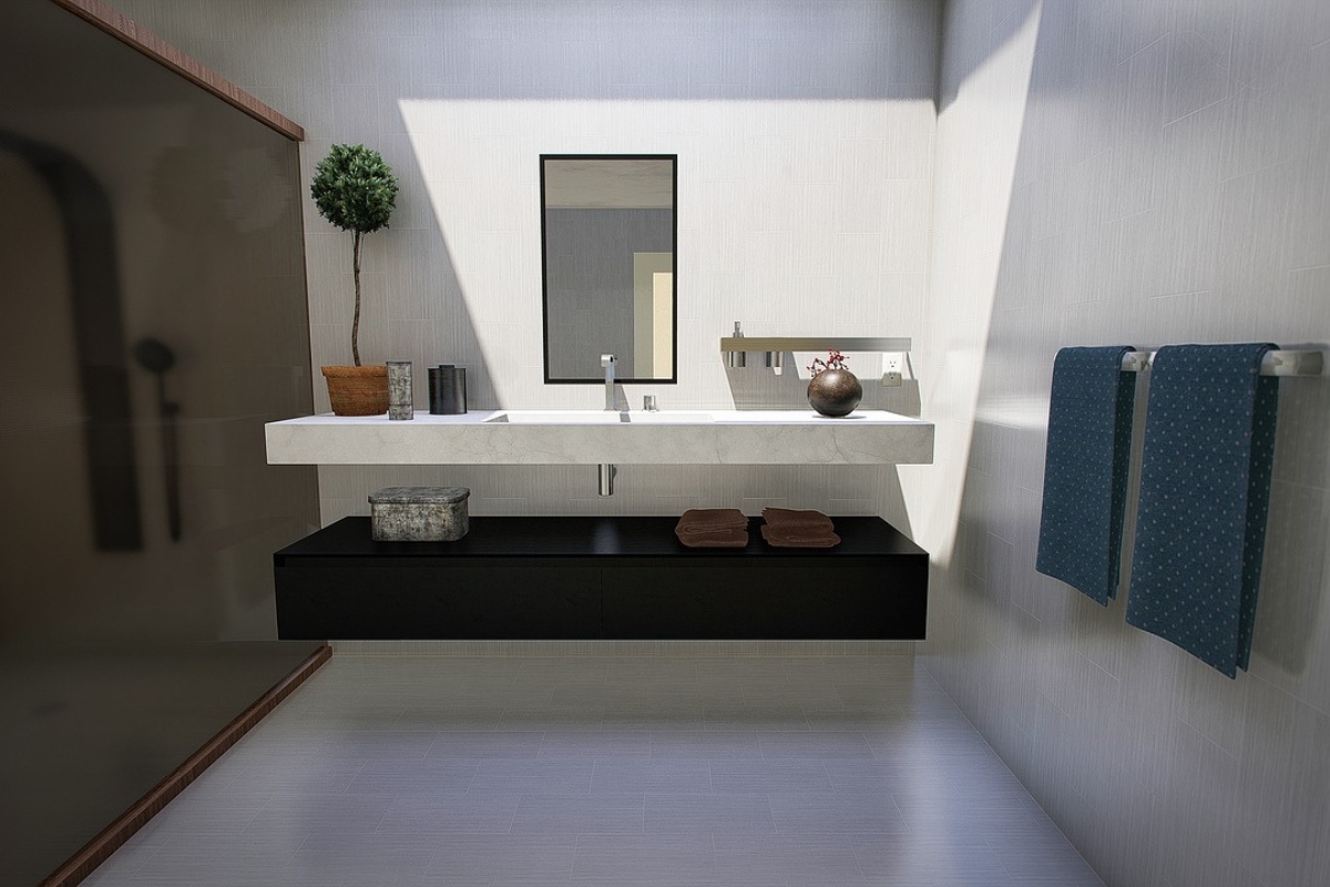 Japandi bathroom with waffle towels and linen shower curtain