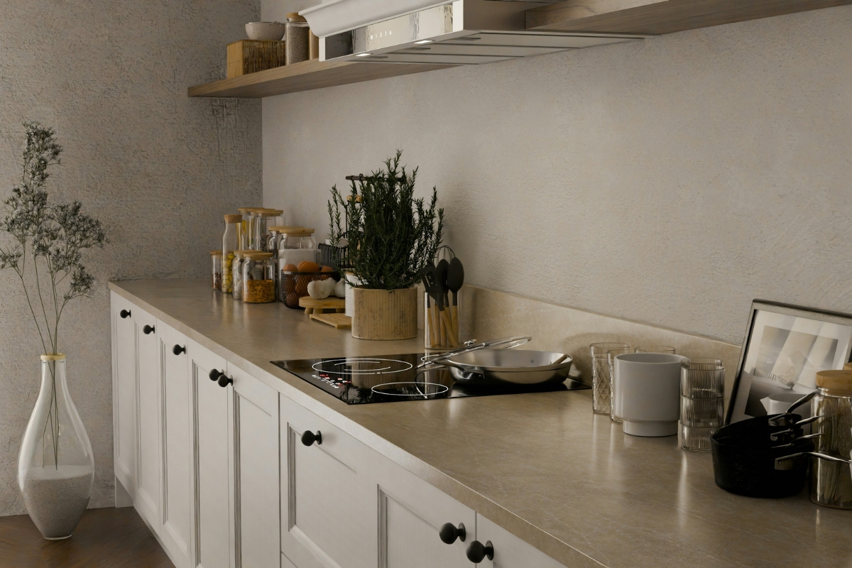 Layered kitchen wall with floating shelves, hooks, and decorative items creating depth and style in a functional kitchen space