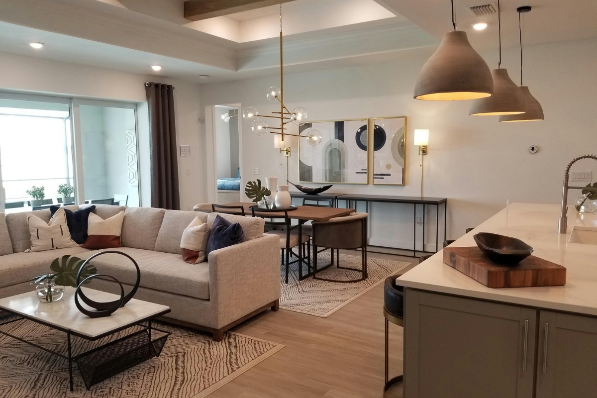 Sideboard used as a soft divider in an open-concept dining room