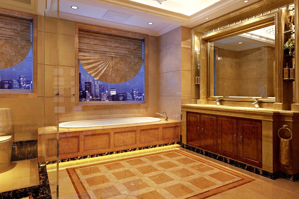 Japandi bathroom with warm oak floating vanity and neutral walls
