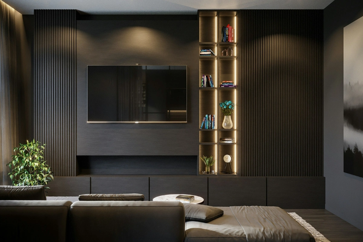 Biophilic interior design bedroom with large windows, indoor plants, natural wood bed frame, linen bedding, and soft natural lighting creating a peaceful nature-inspired sleep space.