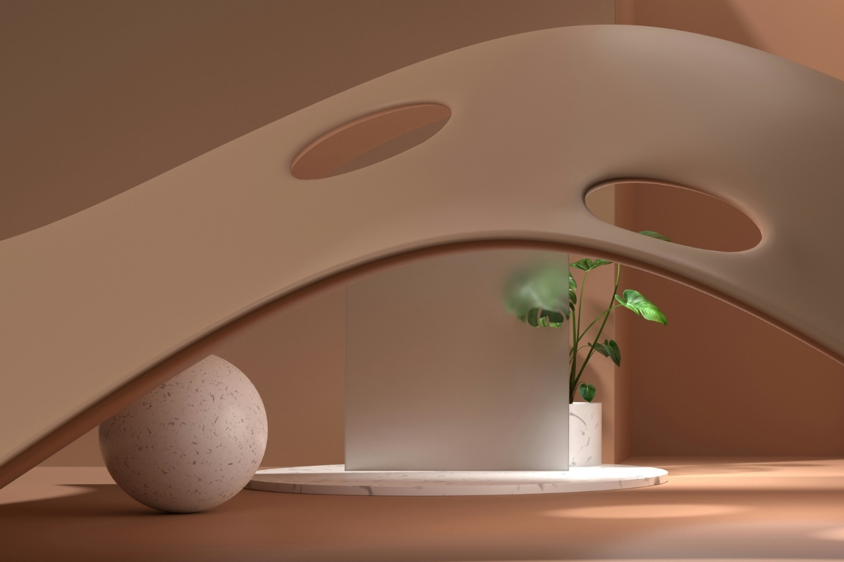 Beautiful biophilic interior design example featuring large windows, lush indoor plants, natural wood furniture, stone accents, and soft natural lighting in a modern living room.