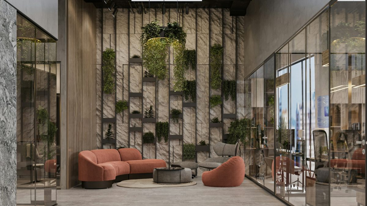 Biophilic wall decor with vertical indoor plant garden