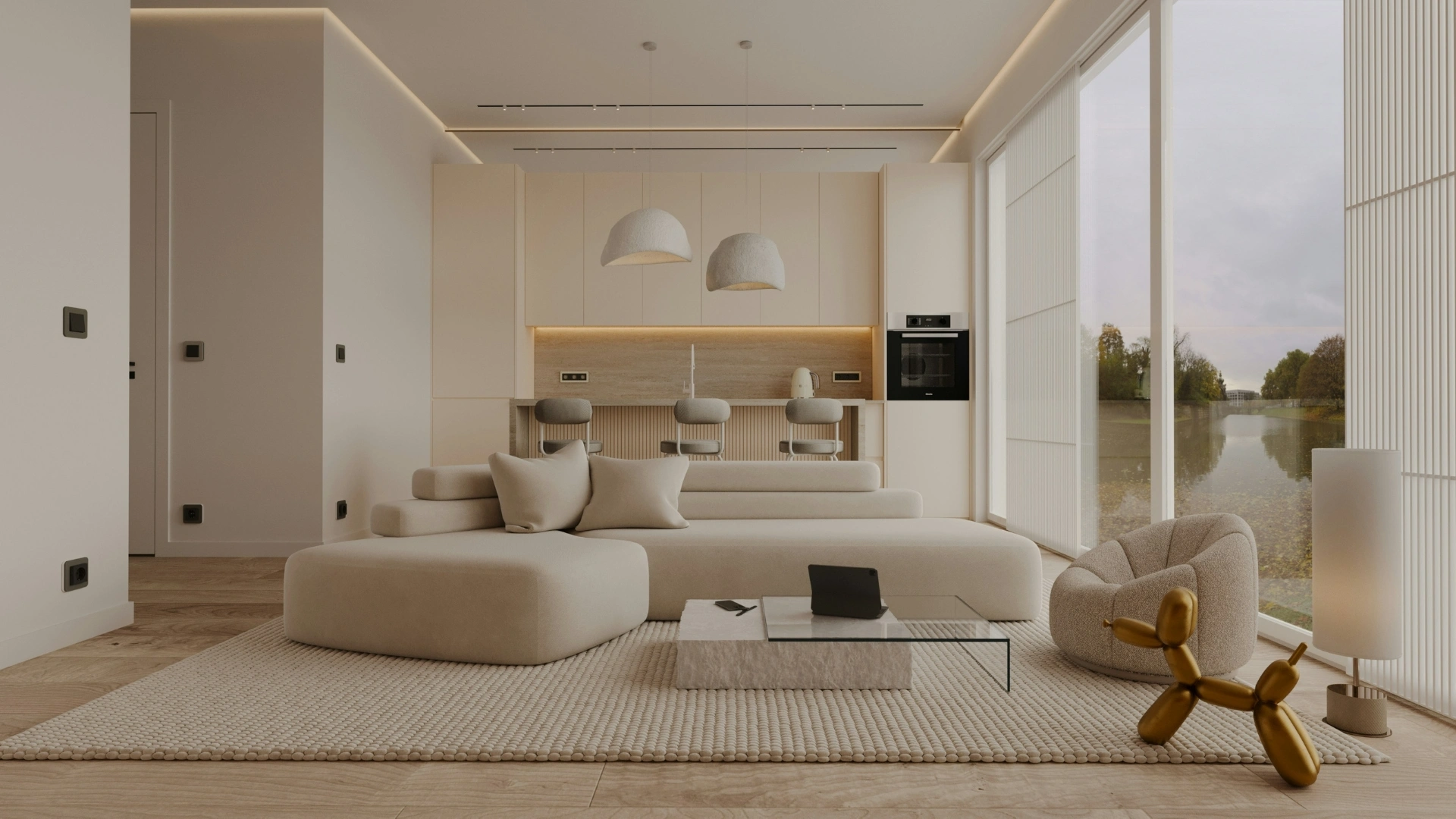 Brutalist interior design living room with raw concrete walls, minimalist furniture, dark tones and subtle dopamine decor elements for contrast
