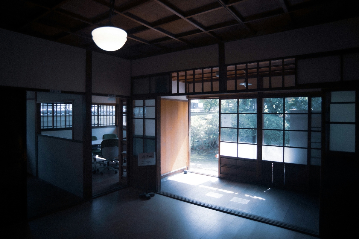 Dark Japandi interior design with black accents and natural wood
