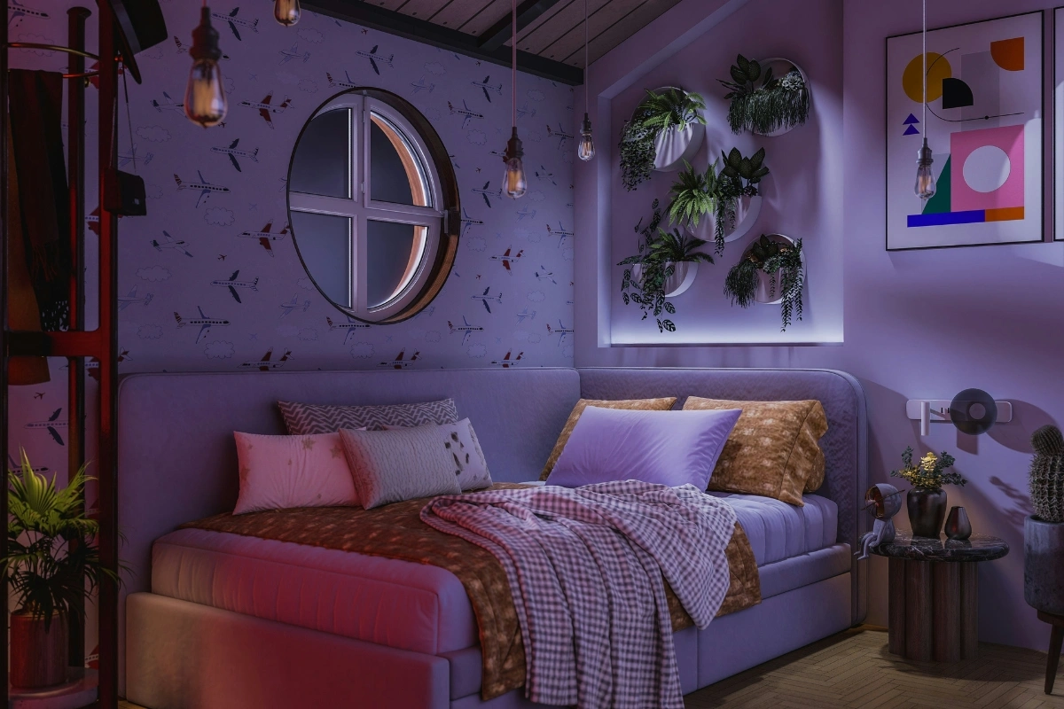 Dopamine decor bedroom with bright bedding and colorful accents