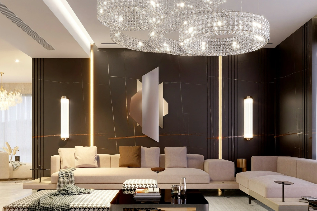 Luxury home interior design ideas with oversized wall art in a modern elegant living room featuring high-end furniture and neutral color palette