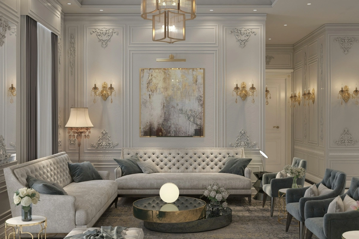 Luxury house interior design ideas featuring oversized wall art in modern living rooms, bedrooms, and dining areas with elegant furniture and high-end interiors