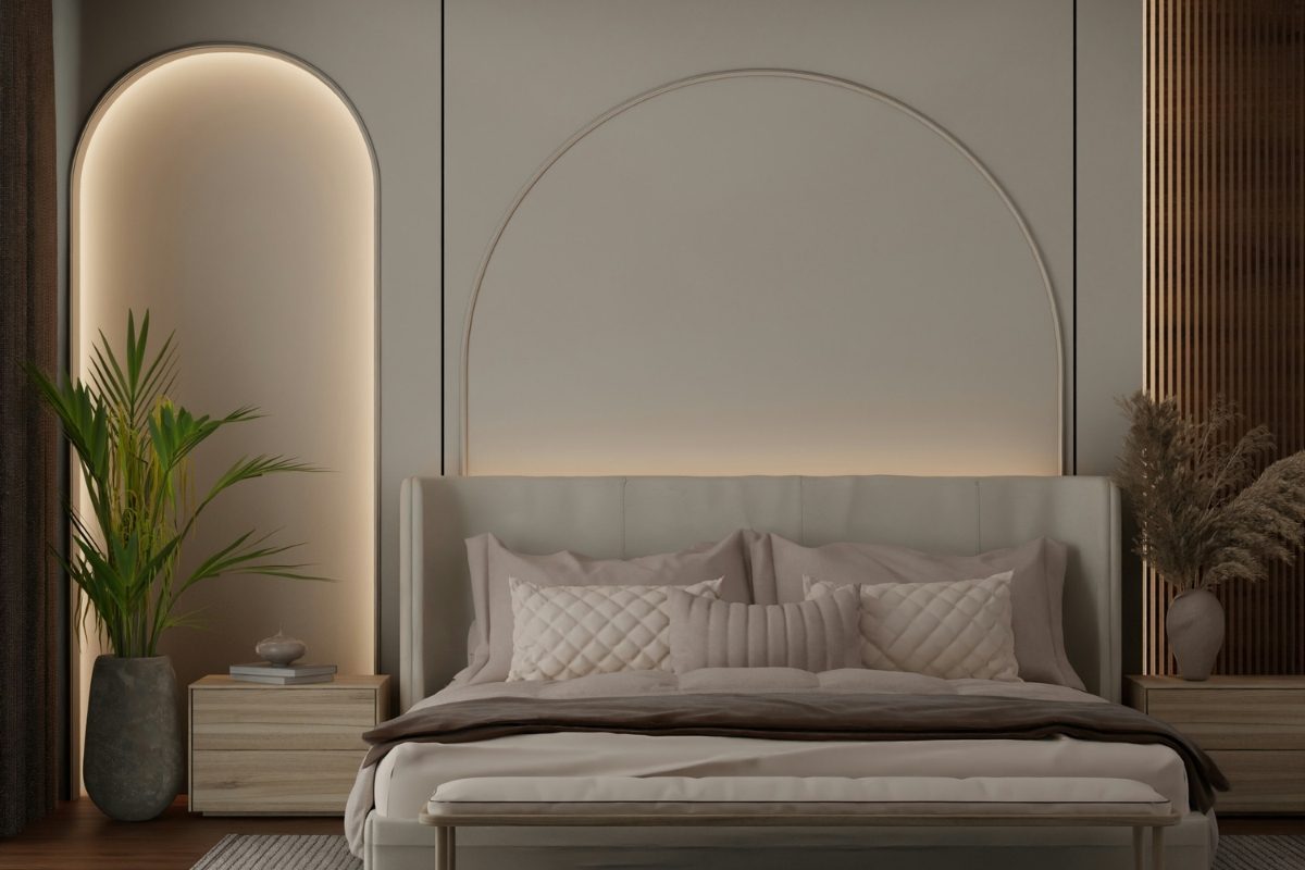 Luxury Japandi home with elegant wooden furniture and minimalist decor