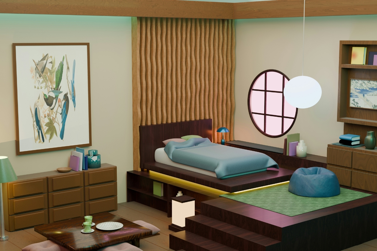 Modern Japandi interior design with natural wood furniture