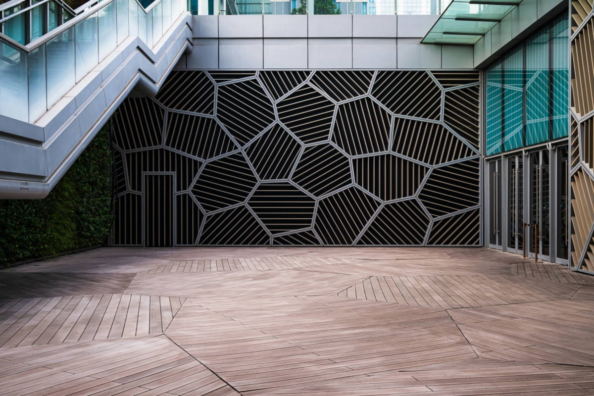 Living room featuring organic shapes and patterns in biophilic interior design