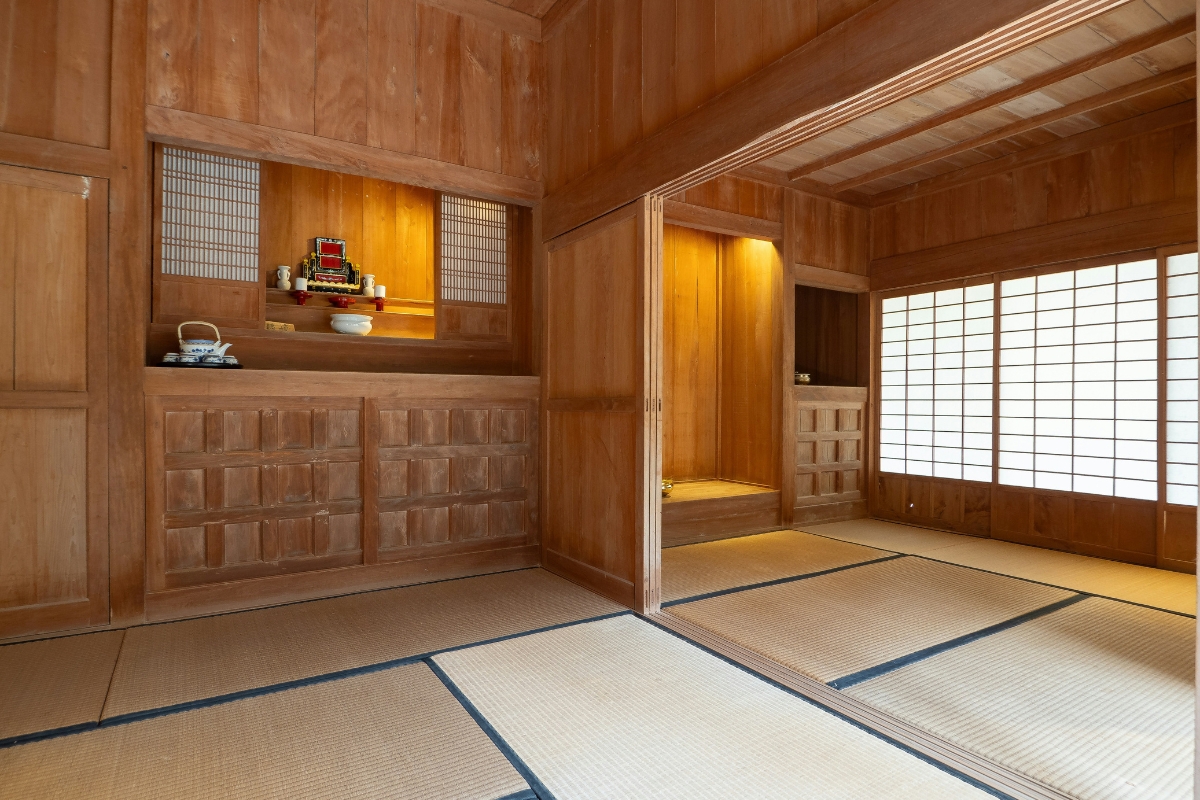 Retro Japandi living room with vintage wooden furniture and neutral colors