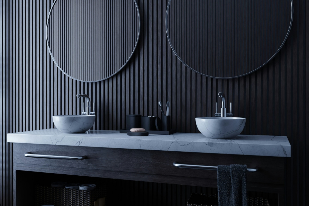 modern bathroom with smart mirror and LED lighting