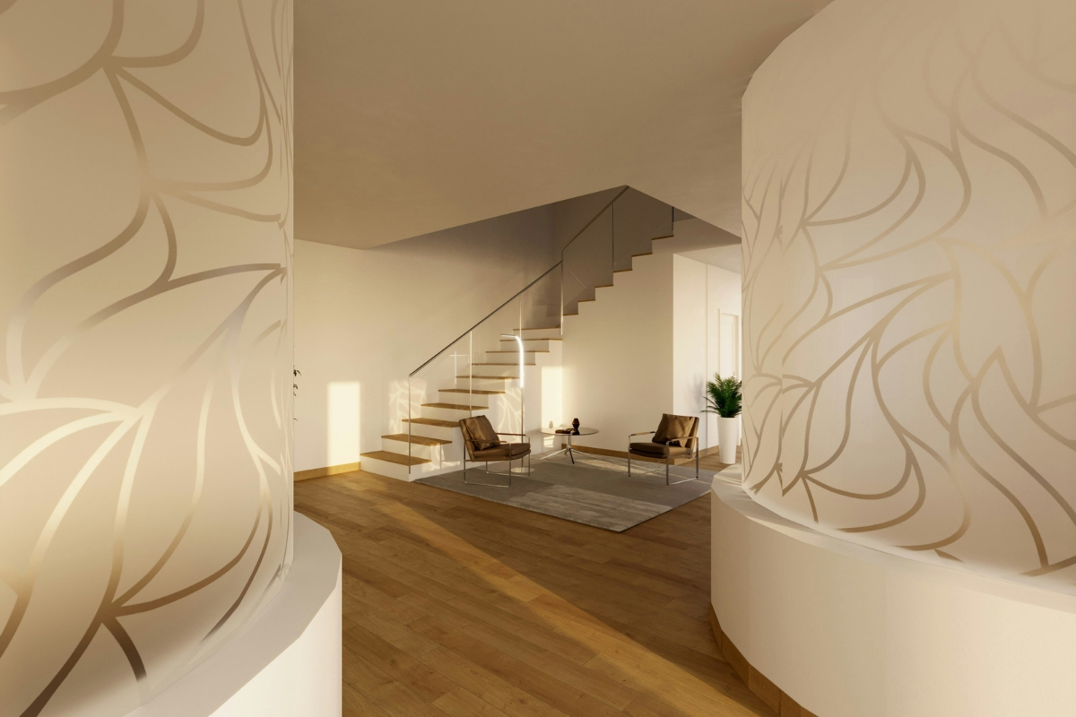 geometric patterned ceiling wallpaper in modern living room