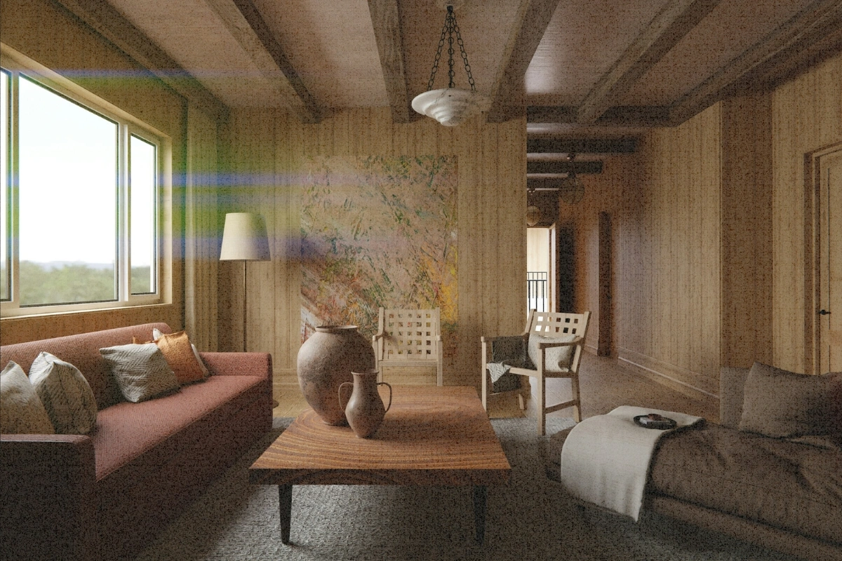 Modern brutalist interior design space with raw concrete textures, minimalist furniture and subtle dopamine decor accents adding contrast and warmth