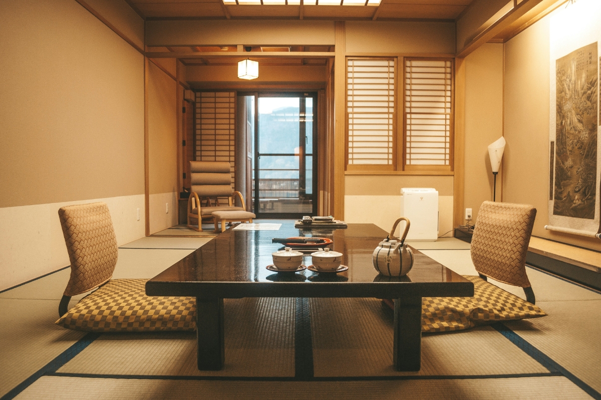 Japandi interior design with natural wood furniture and neutral colors
