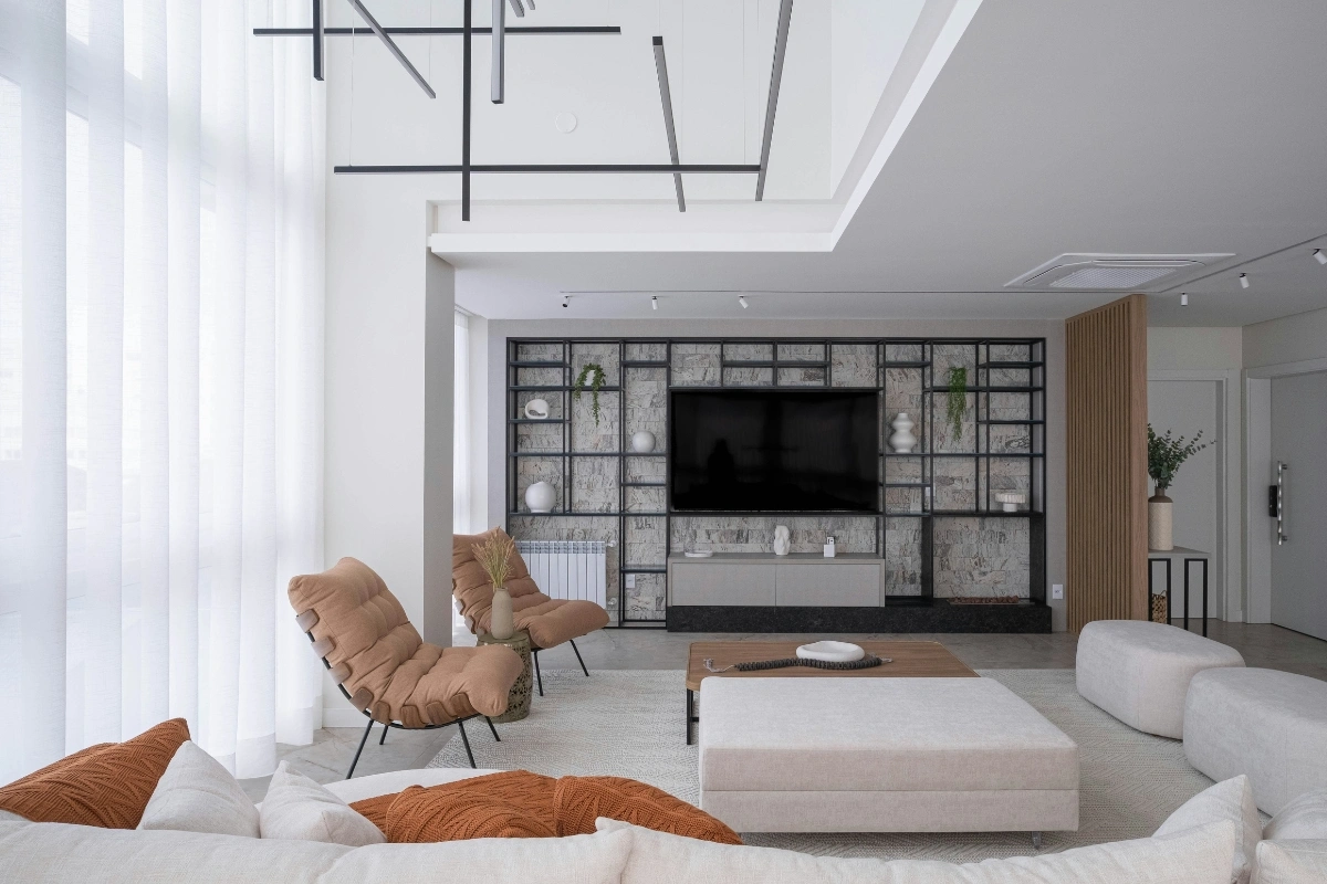 Floating Furniture Layout showing sofa centered away from walls creating open and spacious living room arrangement