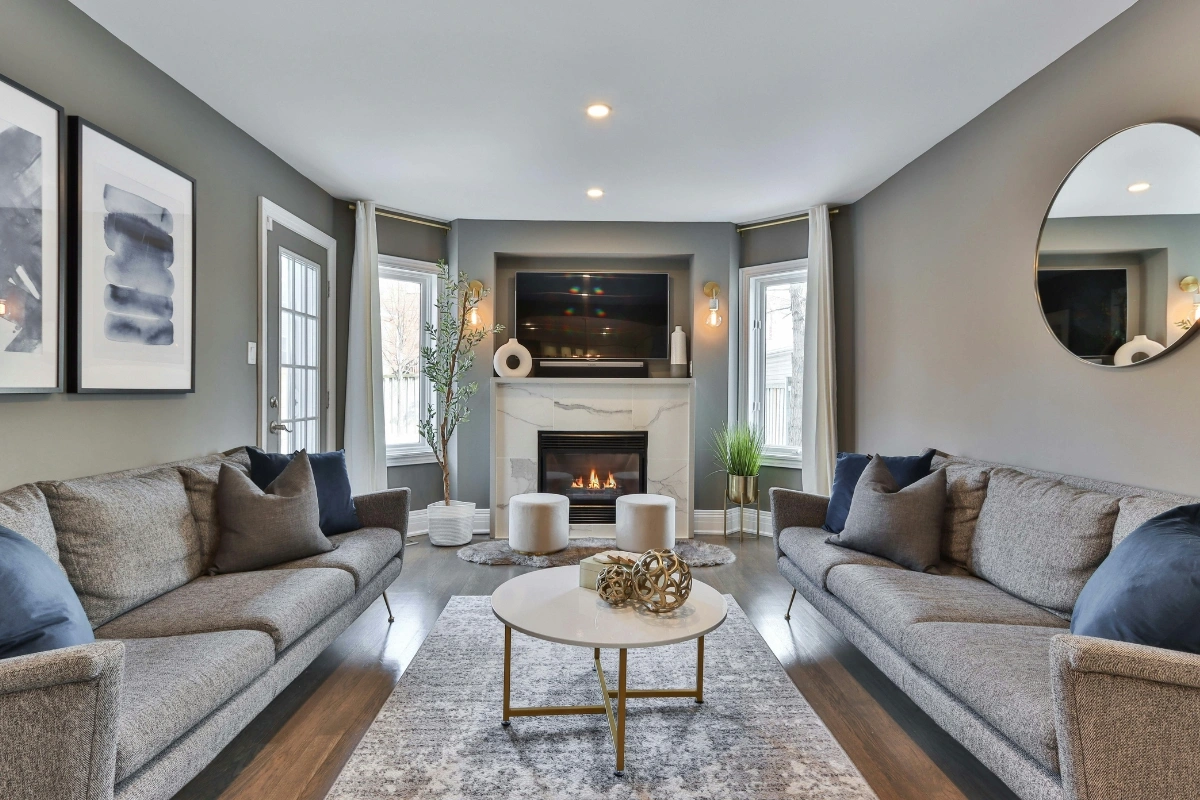 Floating Furniture Layout with centered seating arrangement creating open flow and stylish modern living room design