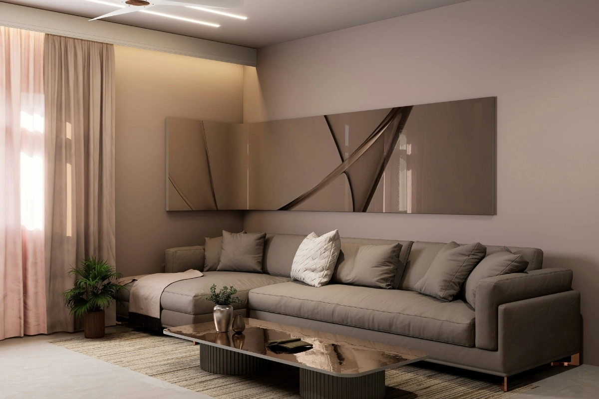 Floating Furniture Layout in small living room with compact sofa centered away from wall creating open and functional space