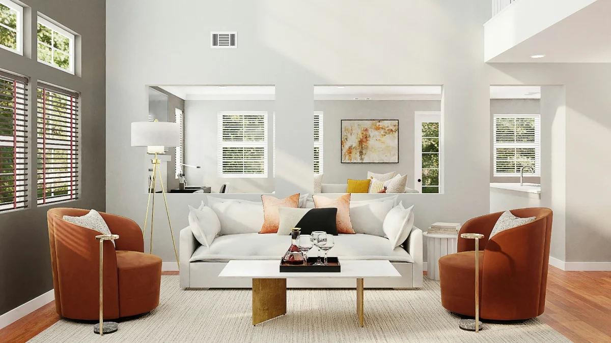 Furniture Layout Psychology example showing a balanced living room design that improves mood and functionality