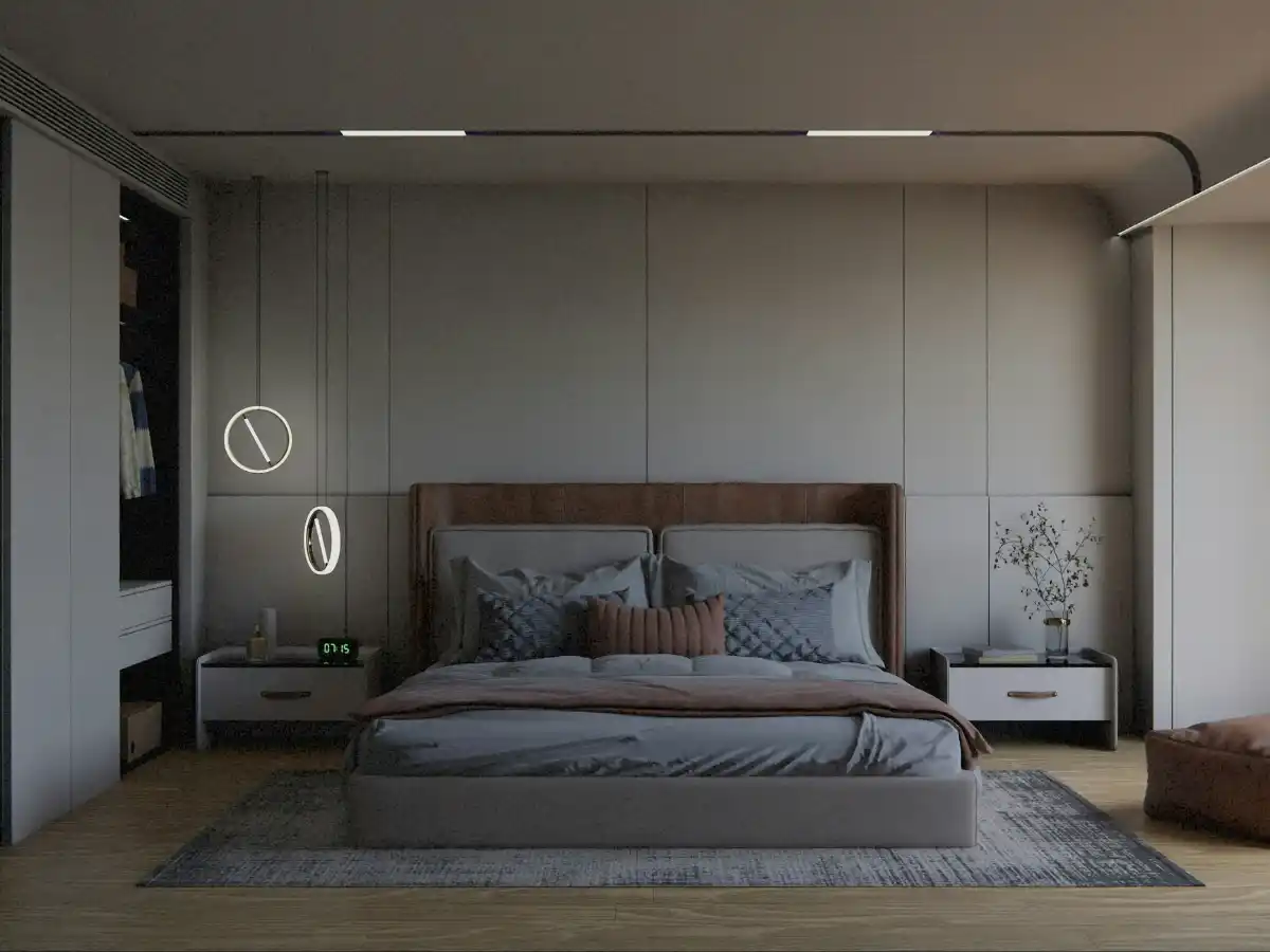 Modern bedroom with charcoal accent walls showcasing elegant Bedroom Color Ideas and stylish contemporary decor elements.