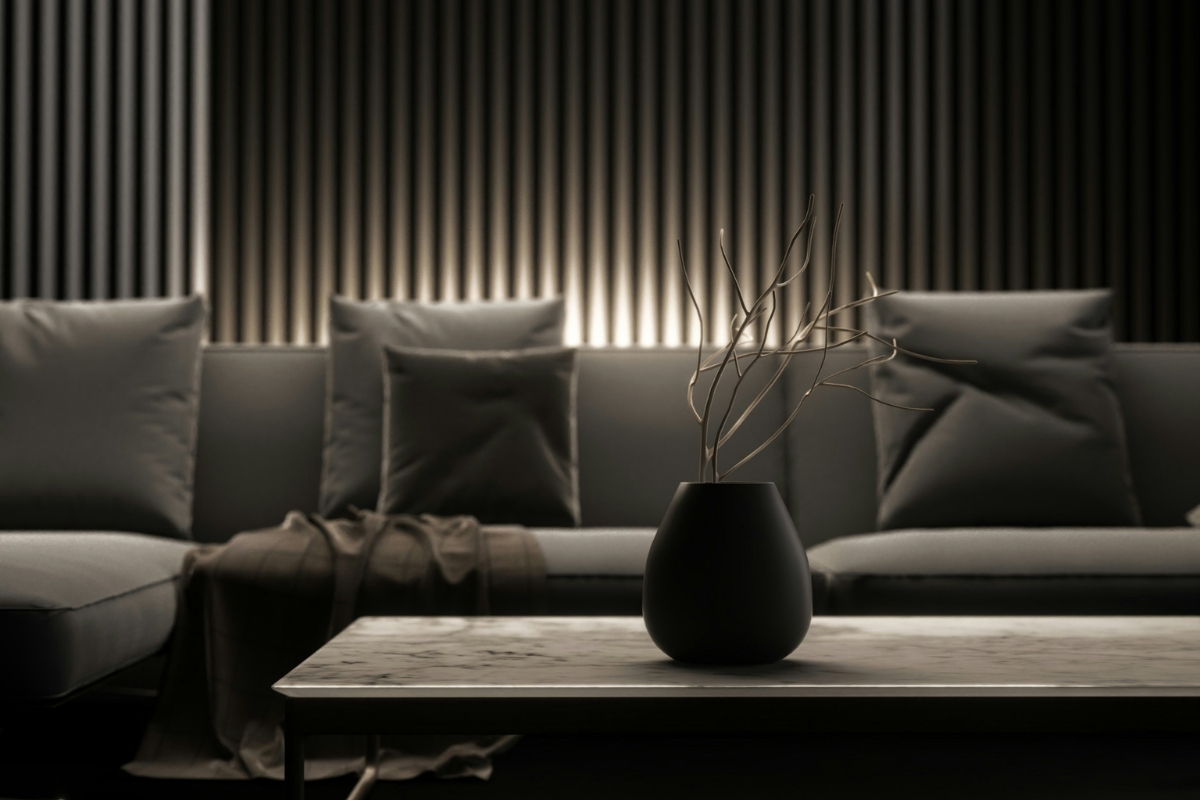 Minimalist invisible interior design bedroom with neutral tones 