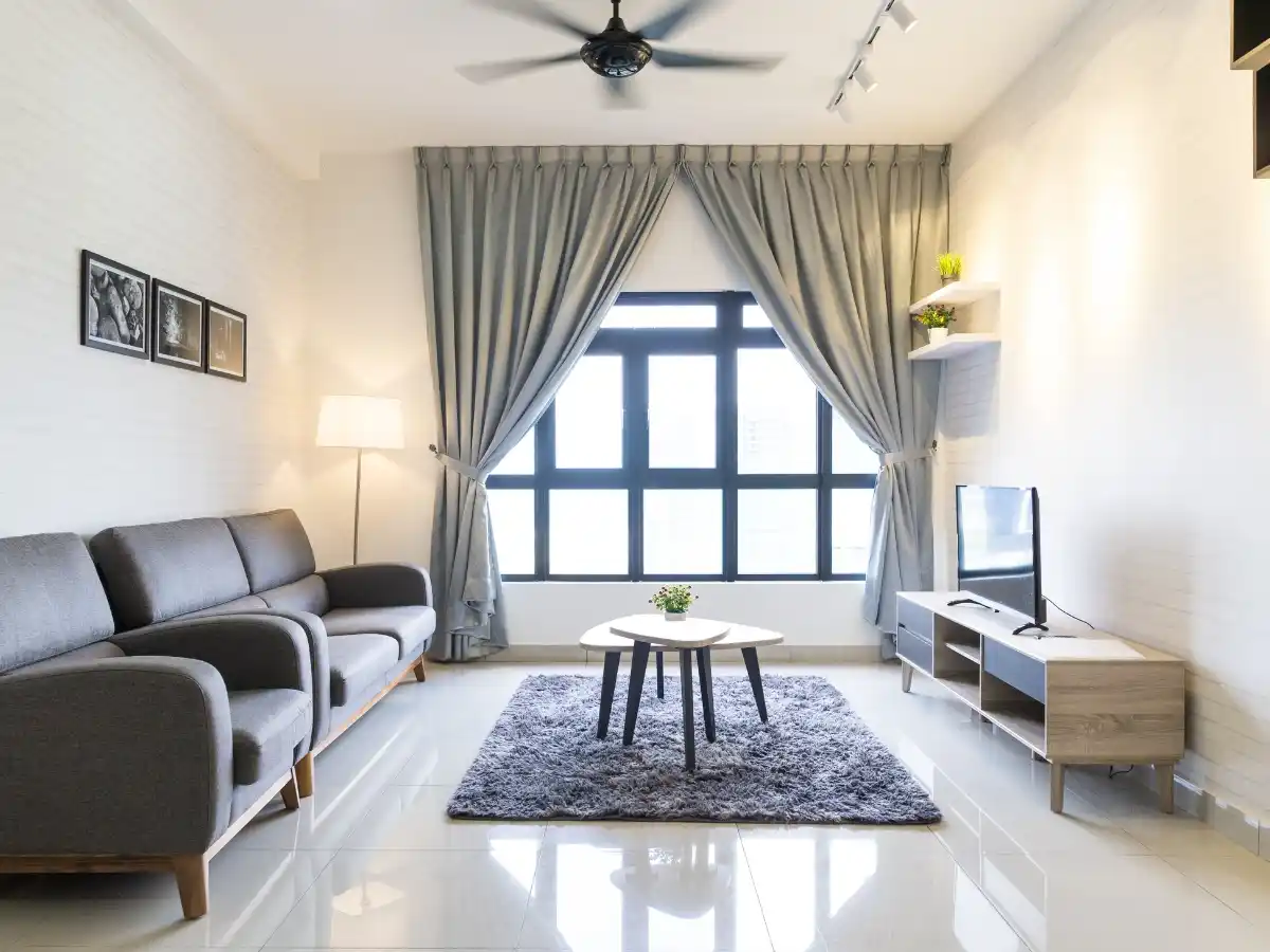 Modern studio apartment with elegant curtain placement design