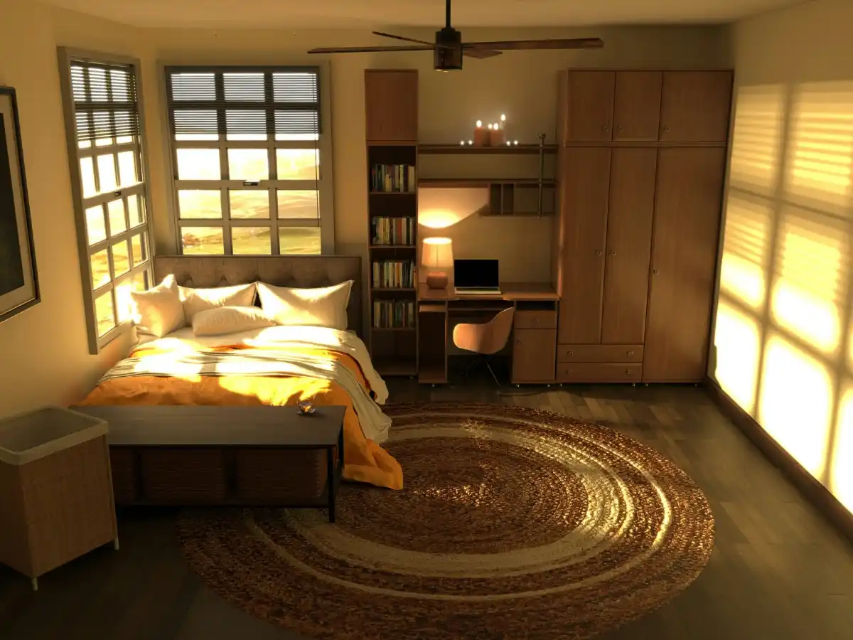 Small bedroom with floating shelves and vertical storage ideas 