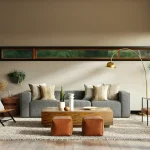Zoned living room design with sofa and rug separation