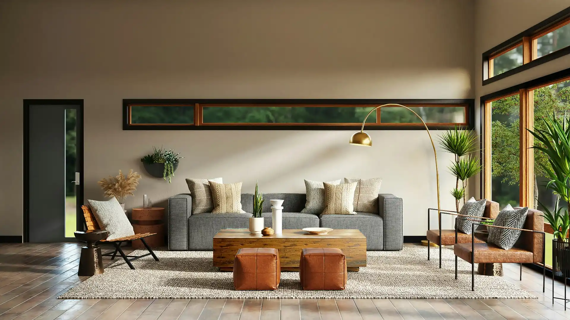 Zoned living room design with sofa and rug separation