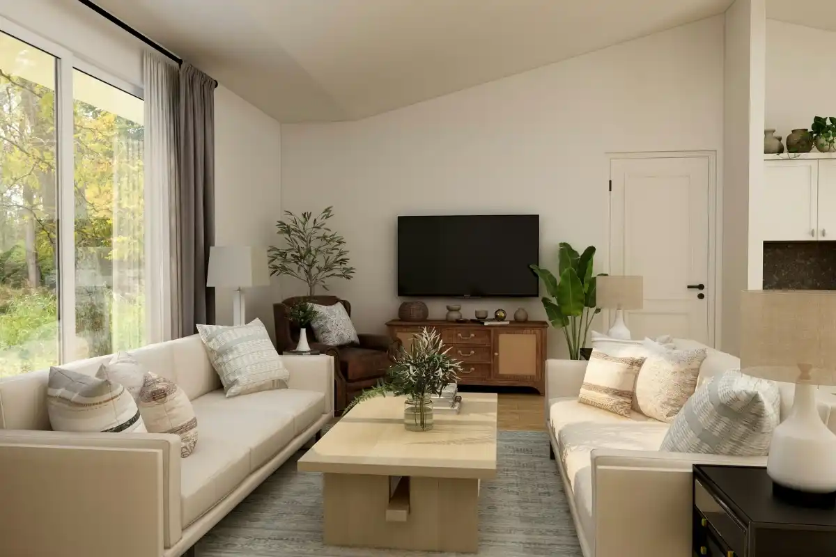 Midcentury zoned living room with wooden furniture