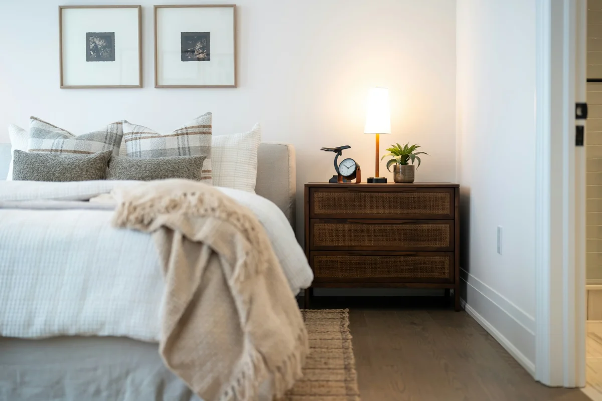 small rental apartment styled with neutral tones and minimal furniture 