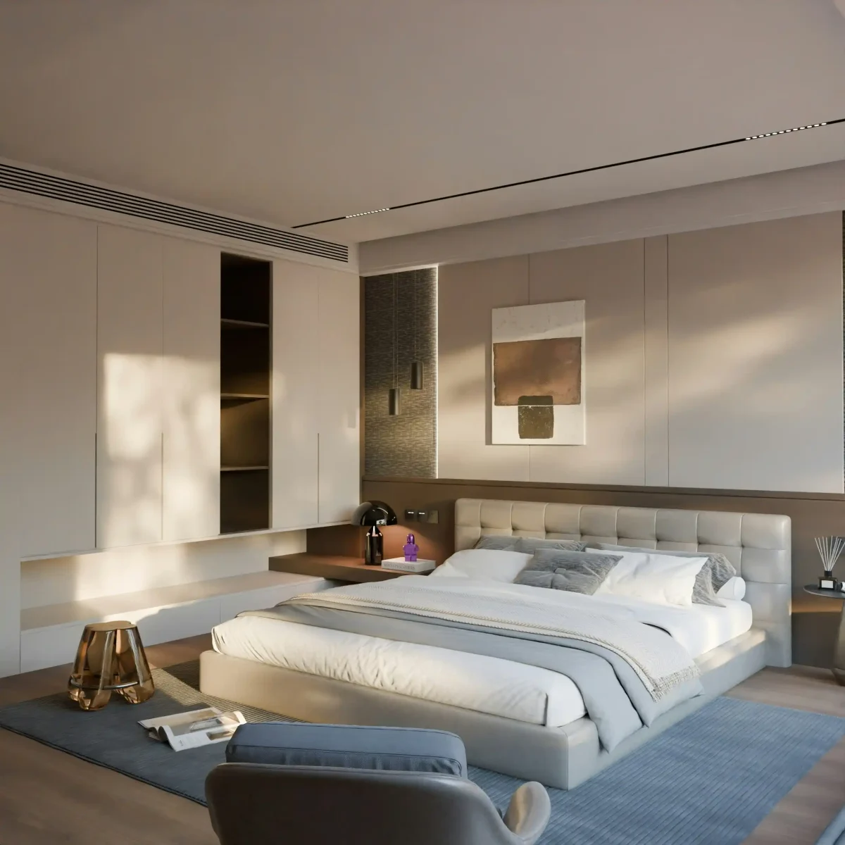 Modern bedroom featuring calming Bedroom Color Ideas with stylish wall colors and minimal furniture design.