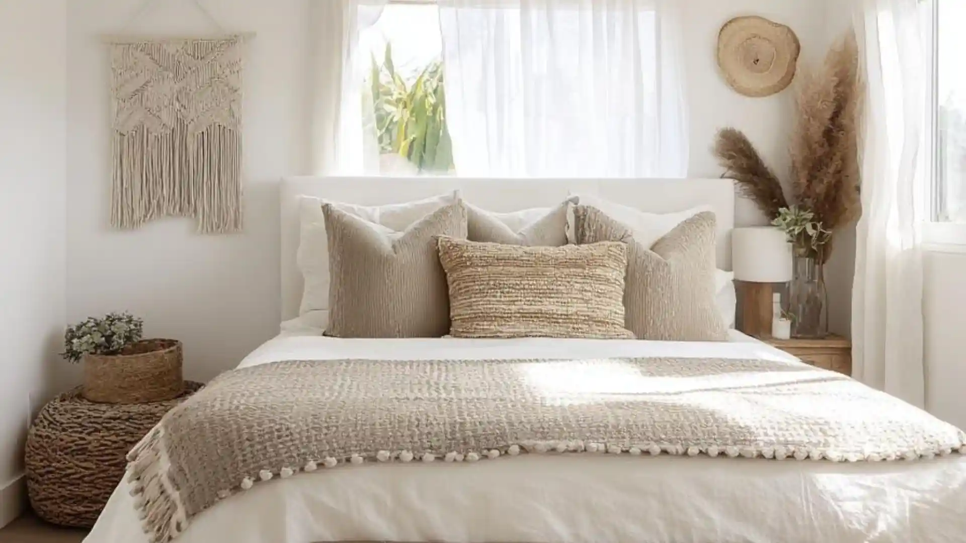 Boho Bedroom Ideas with warm earthy tones, layered bedding, natural textures, plants, and cozy bohemian decor