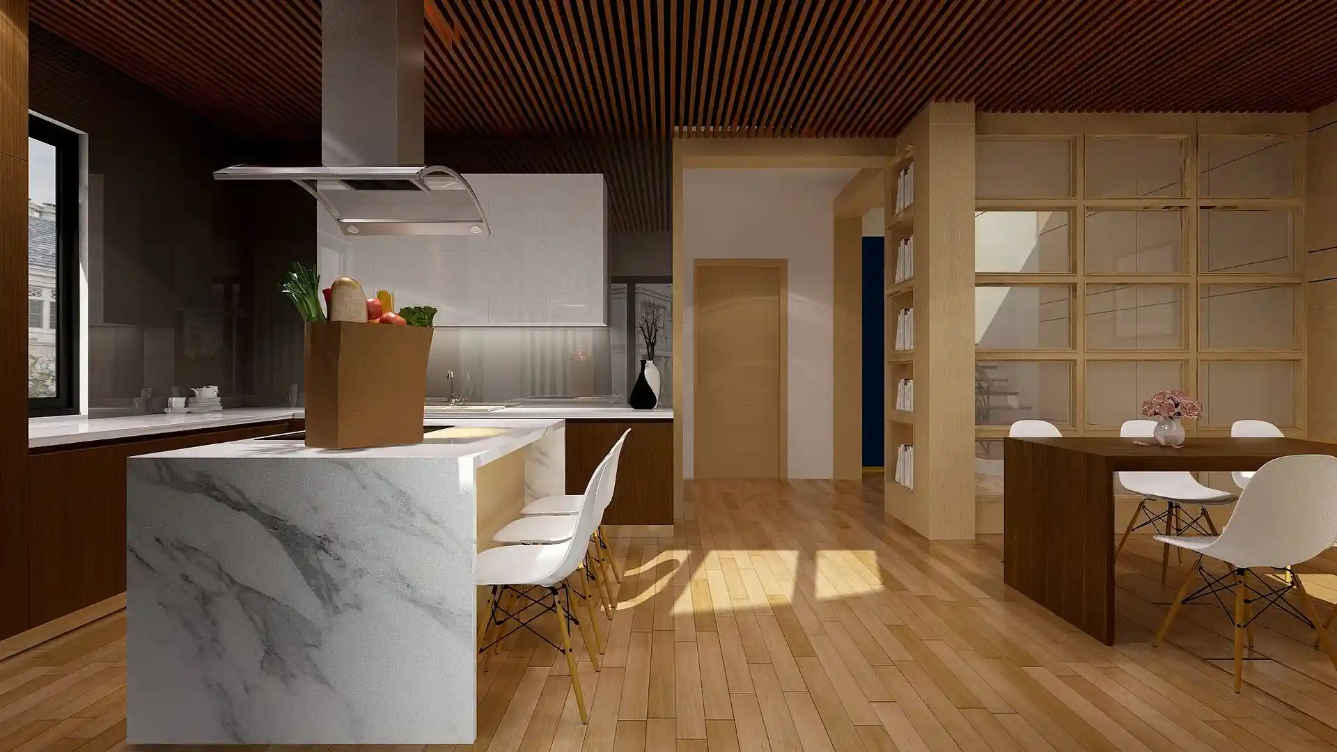 Modern kitchen featuring kitchen organization ideas that save space, including drawer organizers, cabinet storage, and clutter-free countertops.